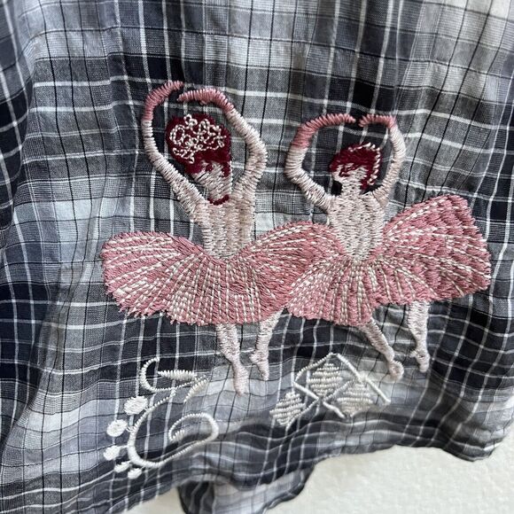 Johnny Was NWT Embroidered Button Up Shirt Plaid Sz S Western Boho Gray Long Slv - Picture 7 of 8